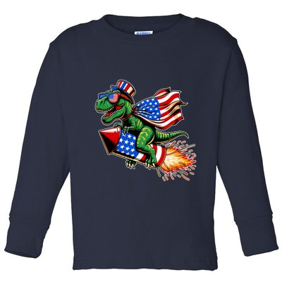 Patriotic T Rex Riding Firework 4th Of July Toddler Long Sleeve Shirt
