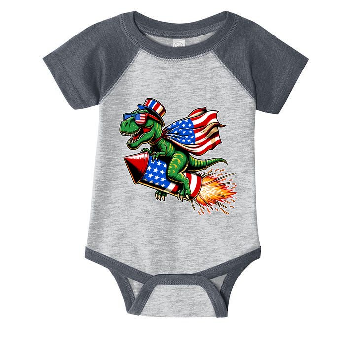 Patriotic T Rex Riding Firework 4th Of July Infant Baby Jersey Bodysuit