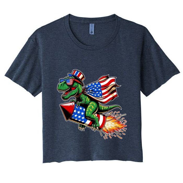 Patriotic T Rex Riding Firework 4th Of July Women's Crop Top Tee