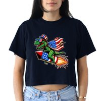 Patriotic T Rex Riding Firework 4th Of July Women's Crop Top Tee