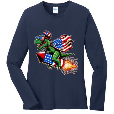 Patriotic T Rex Riding Firework 4th Of July Ladies Long Sleeve Shirt