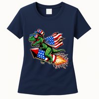 Patriotic T Rex Riding Firework 4th Of July Womens T-Shirt