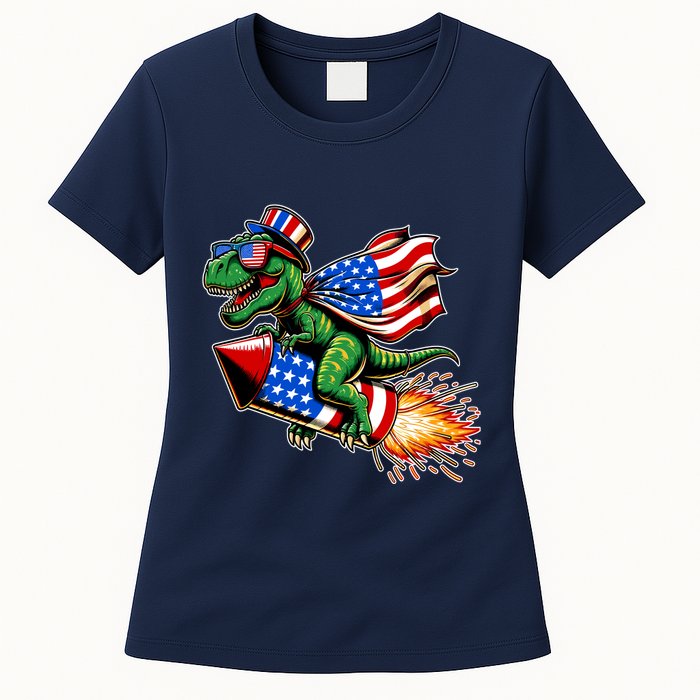Patriotic T Rex Riding Firework 4th Of July Womens T-Shirt