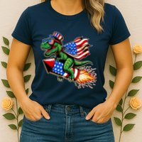 Patriotic T Rex Riding Firework 4th Of July Womens T-Shirt