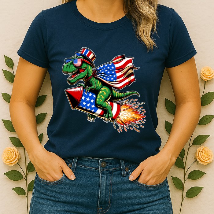 Patriotic T Rex Riding Firework 4th Of July Womens T-Shirt
