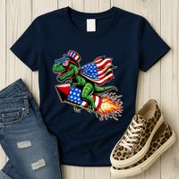 Patriotic T Rex Riding Firework 4th Of July Womens T-Shirt
