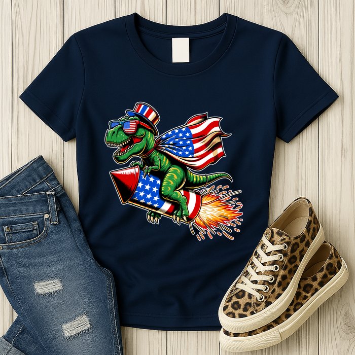 Patriotic T Rex Riding Firework 4th Of July Womens T-Shirt