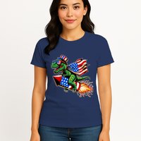 Patriotic T Rex Riding Firework 4th Of July Womens T-Shirt