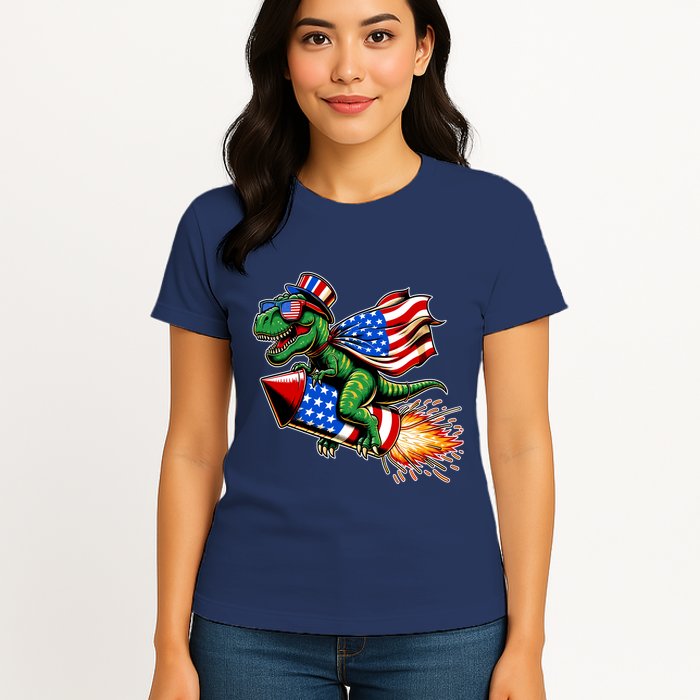 Patriotic T Rex Riding Firework 4th Of July Womens T-Shirt