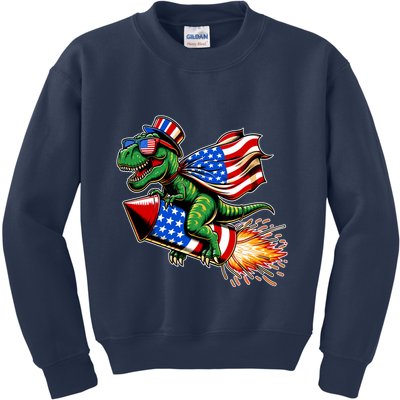 Patriotic T Rex Riding Firework 4th Of July Kids Sweatshirt