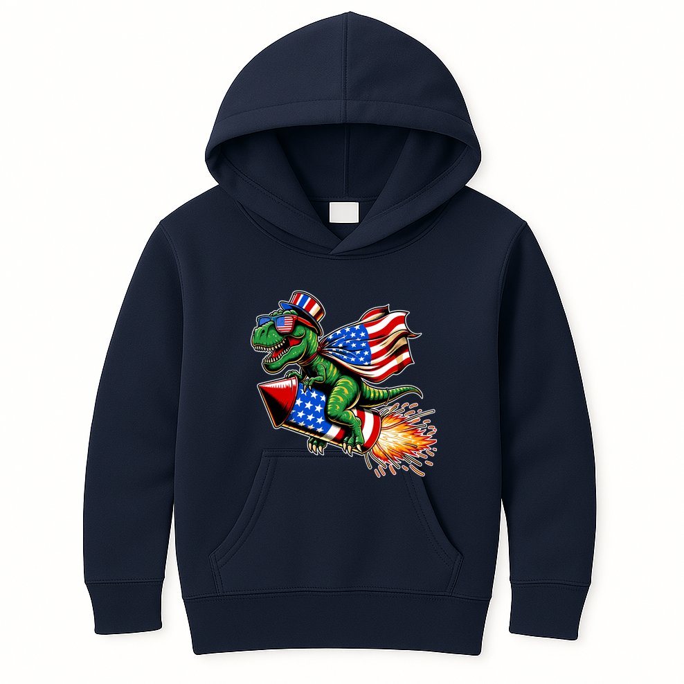 Patriotic T Rex Riding Firework 4th Of July Kids Hoodie