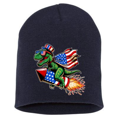 Patriotic T Rex Riding Firework 4th Of July Short Acrylic Beanie
