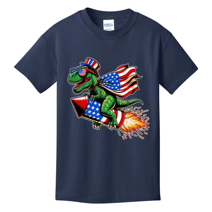 Patriotic T Rex Riding Firework 4th Of July Kids T-Shirt