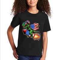 Patriotic T Rex Riding Firework 4th Of July Kids T-Shirt