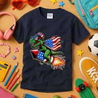 Patriotic T Rex Riding Firework 4th Of July Kids T-Shirt