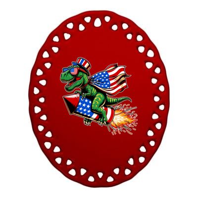 Patriotic T Rex Riding Firework 4th Of July Ceramic Oval Ornament