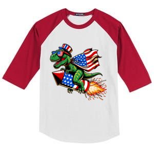 Patriotic T Rex Riding Firework 4th Of July Kids Colorblock Raglan Jersey