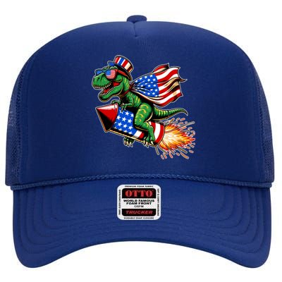 Patriotic T Rex Riding Firework 4th Of July High Crown Mesh Back Trucker Hat