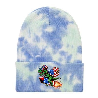 Patriotic T Rex Riding Firework 4th Of July Tie Dye 12in Knit Beanie