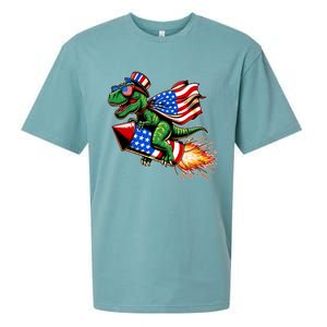 Patriotic T Rex Riding Firework 4th Of July Sueded Cloud Jersey T-Shirt