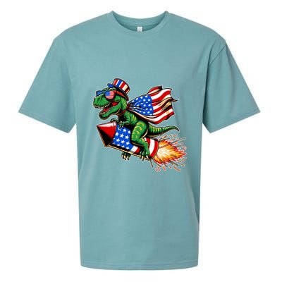 Patriotic T Rex Riding Firework 4th Of July Sueded Cloud Jersey T-Shirt
