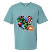 Patriotic T Rex Riding Firework 4th Of July Sueded Cloud Jersey T-Shirt