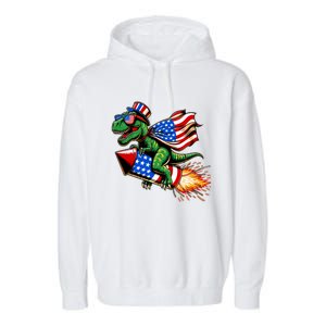 Patriotic T Rex Riding Firework 4th Of July Garment-Dyed Fleece Hoodie