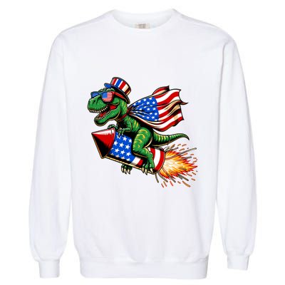 Patriotic T Rex Riding Firework 4th Of July Garment-Dyed Sweatshirt