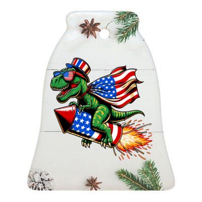 Patriotic T Rex Riding Firework 4th Of July Ceramic Bell Ornament