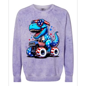 Patriotic T Rex Riding Monster Truck Colorblast Crewneck Sweatshirt