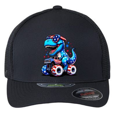 Patriotic T Rex Riding Monster Truck Flexfit Unipanel Trucker Cap