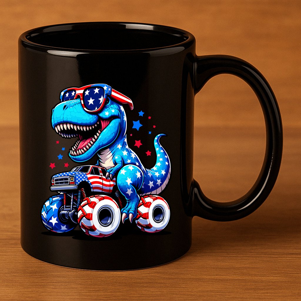 Patriotic T Rex Riding Monster Truck 11oz C Handle Ceramic Mug