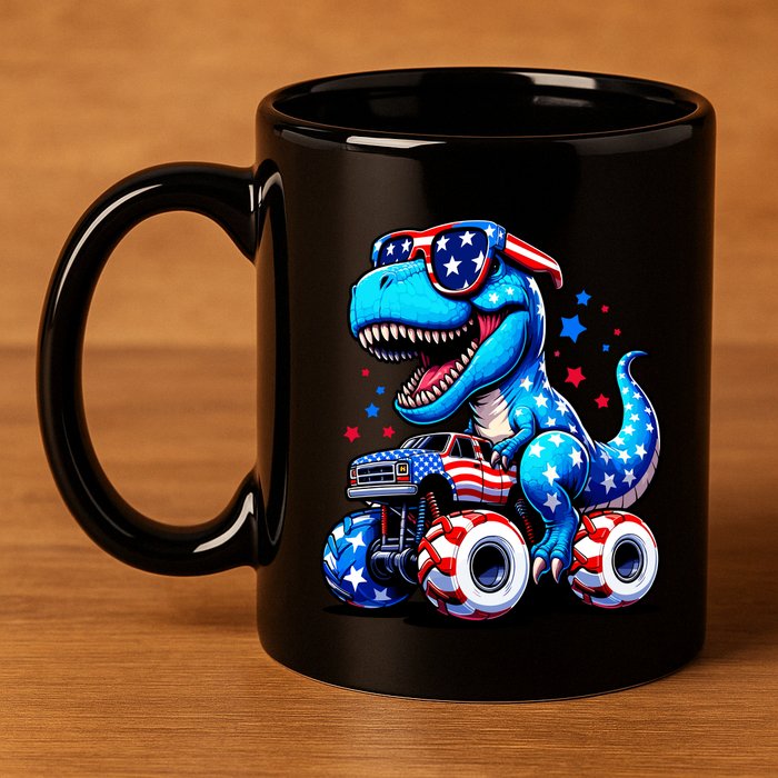 Patriotic T Rex Riding Monster Truck 11oz C Handle Ceramic Mug