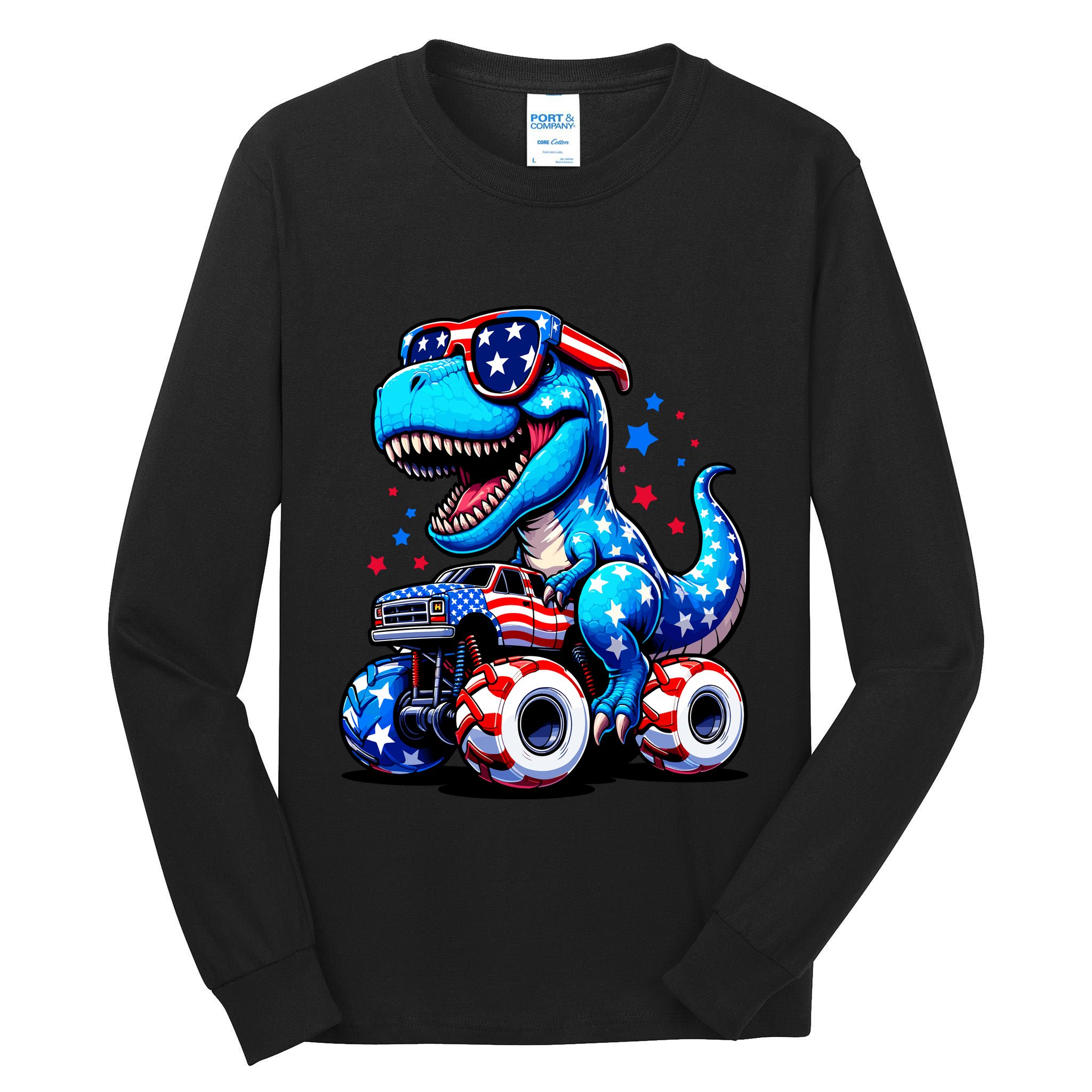 Patriotic T Rex Riding Monster Truck Tall Long Sleeve T-Shirt