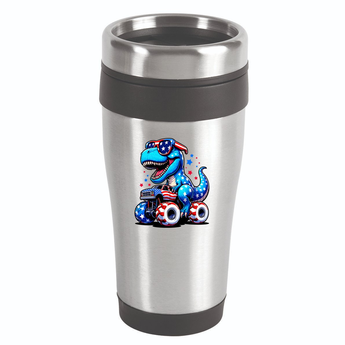 Patriotic T Rex Riding Monster Truck 16oz Travel Tumbler