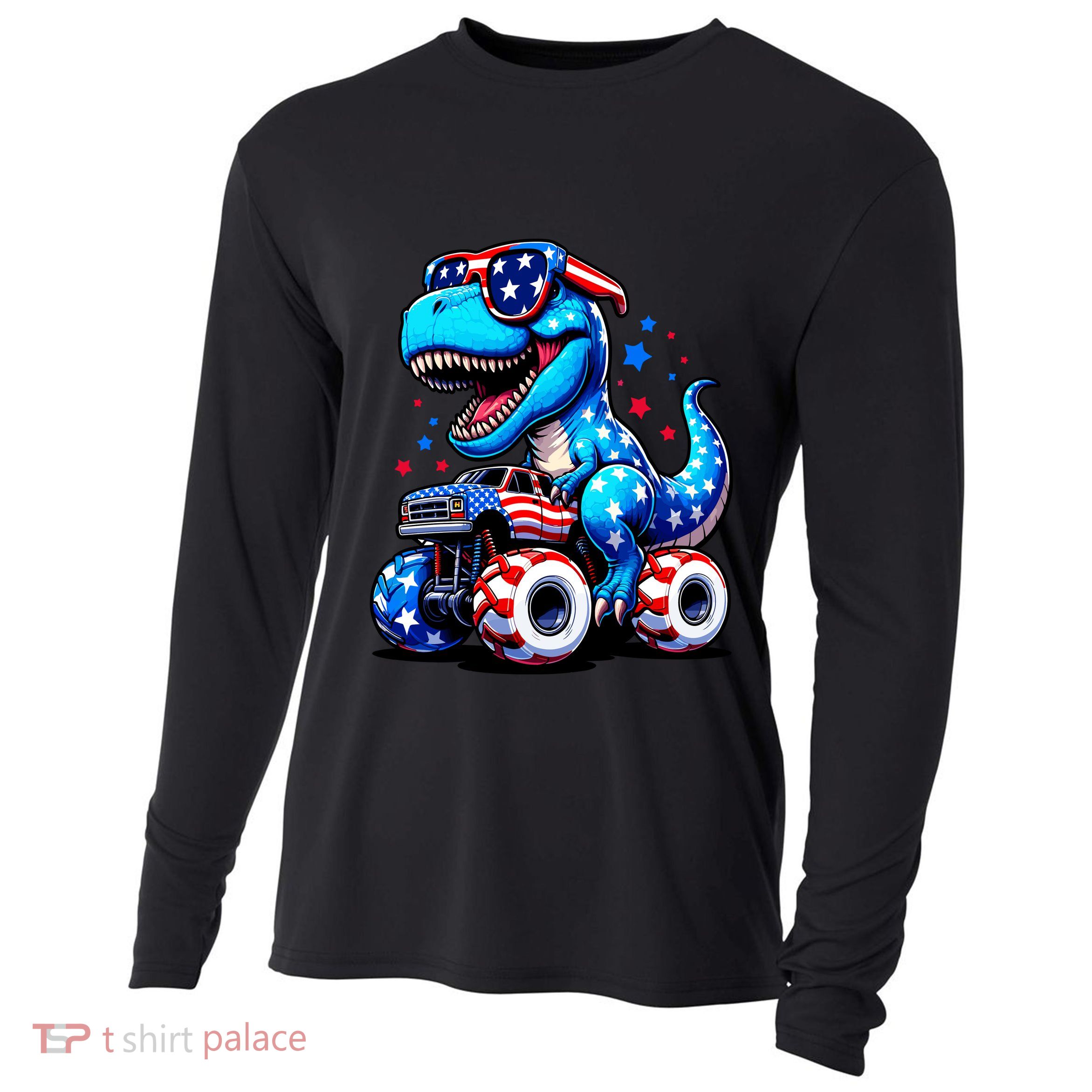 Patriotic T Rex Riding Monster Truck Cooling Performance Long Sleeve Crew