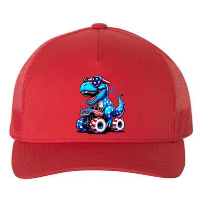 Patriotic T Rex Riding Monster Truck Yupoong Adult 5-Panel Trucker Hat