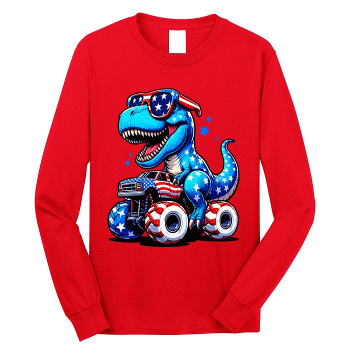 Patriotic T Rex Riding Monster Truck Long Sleeve Shirt