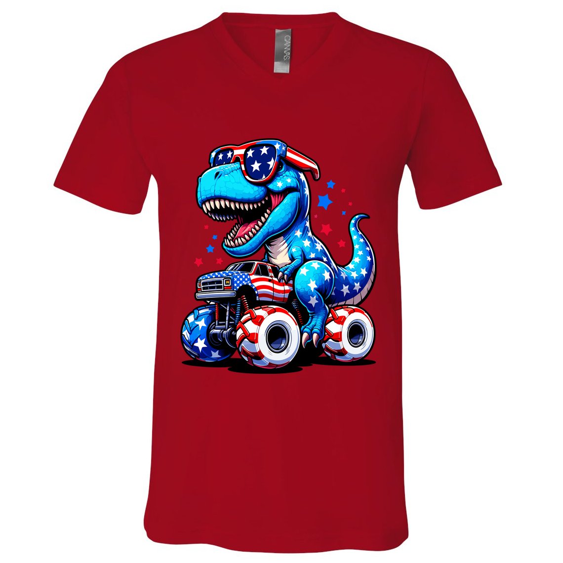 Patriotic T Rex Riding Monster Truck V-Neck T-Shirt