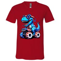 Patriotic T Rex Riding Monster Truck V-Neck T-Shirt