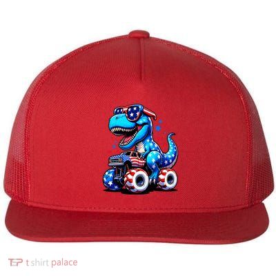 Patriotic T Rex Riding Monster Truck Flat Bill Trucker Hat