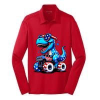 Patriotic T Rex Riding Monster Truck Silk Touch Performance Long Sleeve Polo