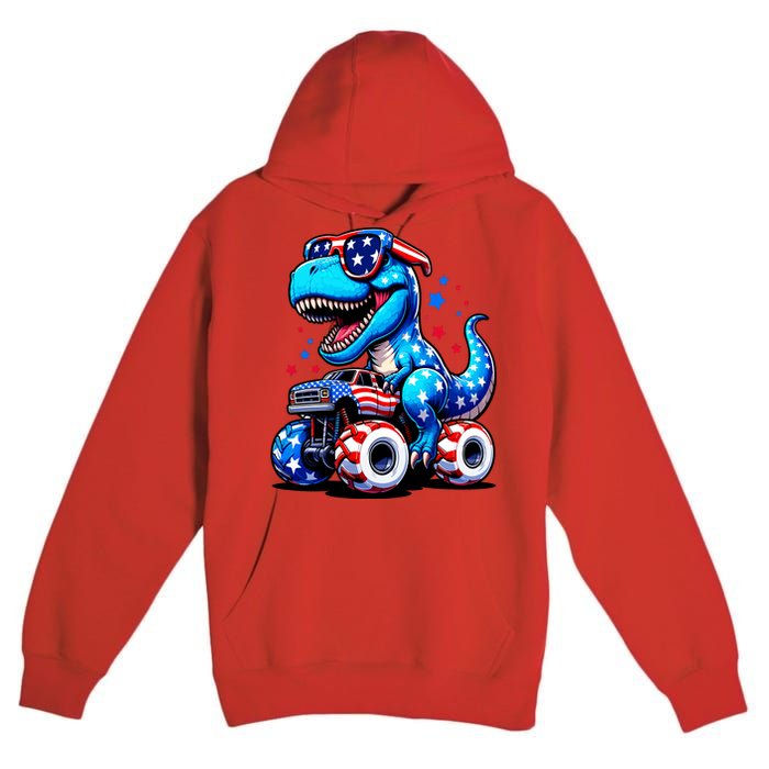 Patriotic T Rex Riding Monster Truck Premium Pullover Hoodie