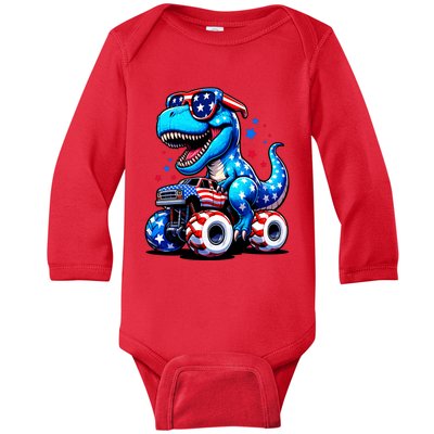 Patriotic T Rex Riding Monster Truck Baby Long Sleeve Bodysuit