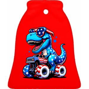 Patriotic T Rex Riding Monster Truck Ceramic Bell Ornament