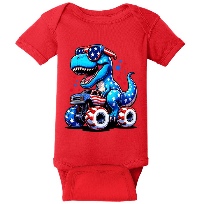 Patriotic T Rex Riding Monster Truck Baby Bodysuit