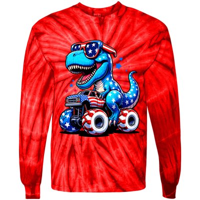 Patriotic T Rex Riding Monster Truck Tie-Dye Long Sleeve Shirt