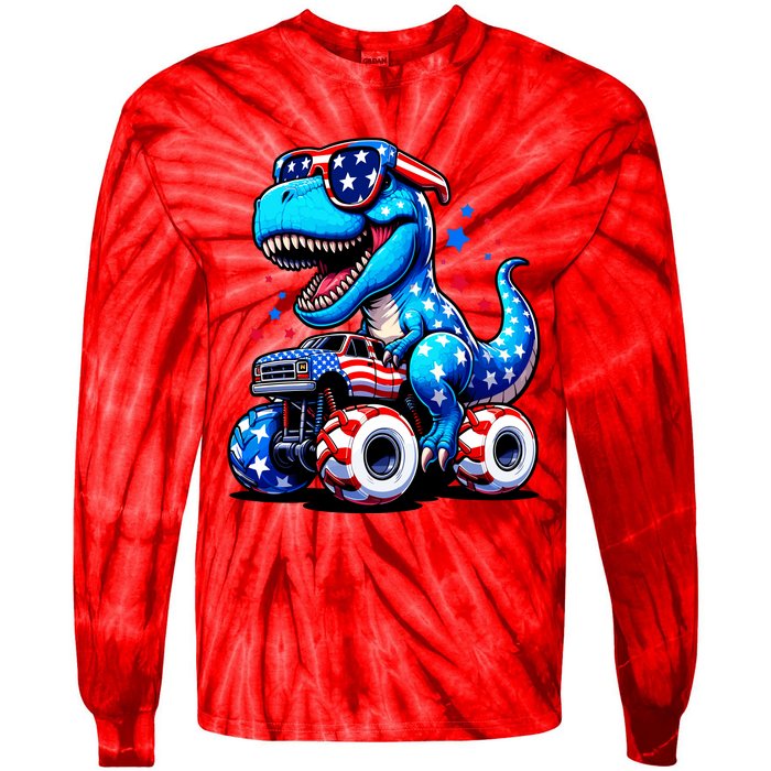 Patriotic T Rex Riding Monster Truck Tie-Dye Long Sleeve Shirt