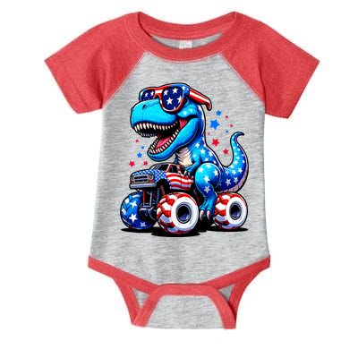 Patriotic T Rex Riding Monster Truck Infant Baby Jersey Bodysuit