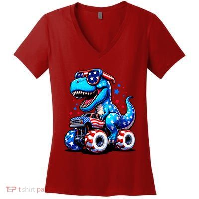 Patriotic T Rex Riding Monster Truck Women's V-Neck T-Shirt
